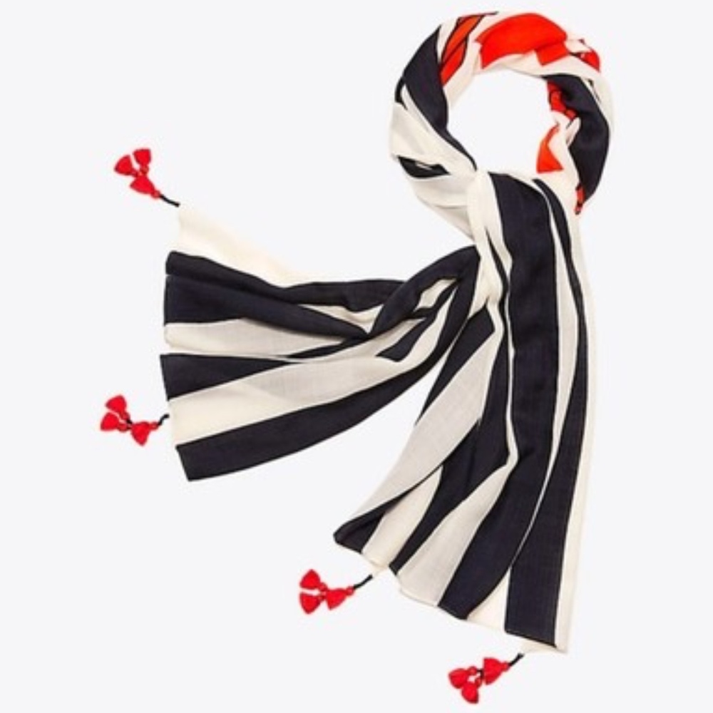 Tory Burch Logo Stripe Tassel Shawl